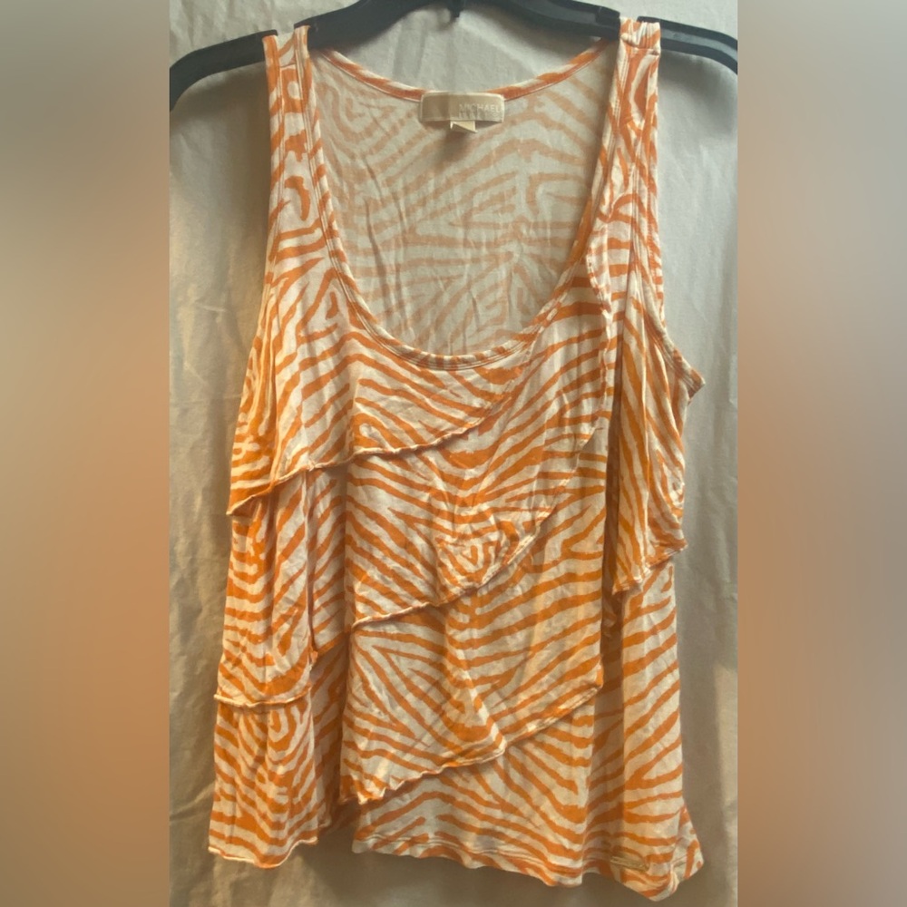 Michael Kors Ruffled Tank Top orange/white, size M. Slight damage near frnt hem